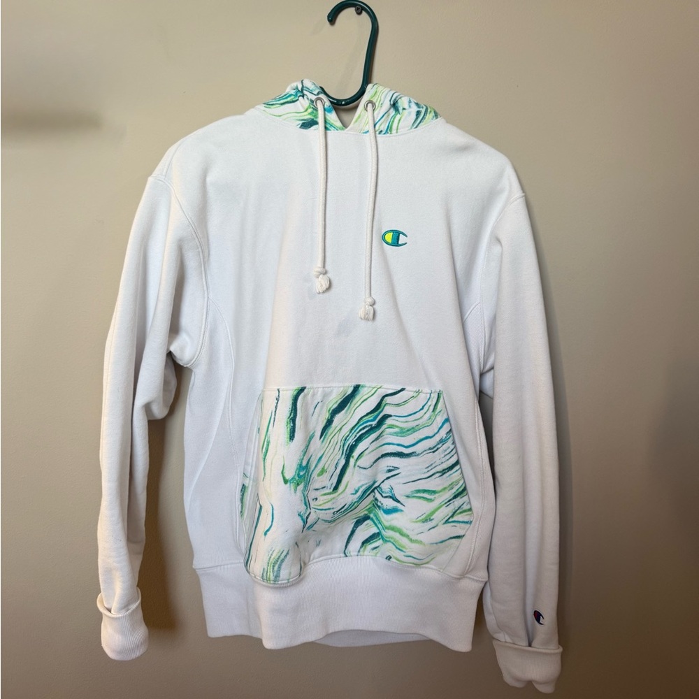 Small Champion White and Green Men's Hoodie